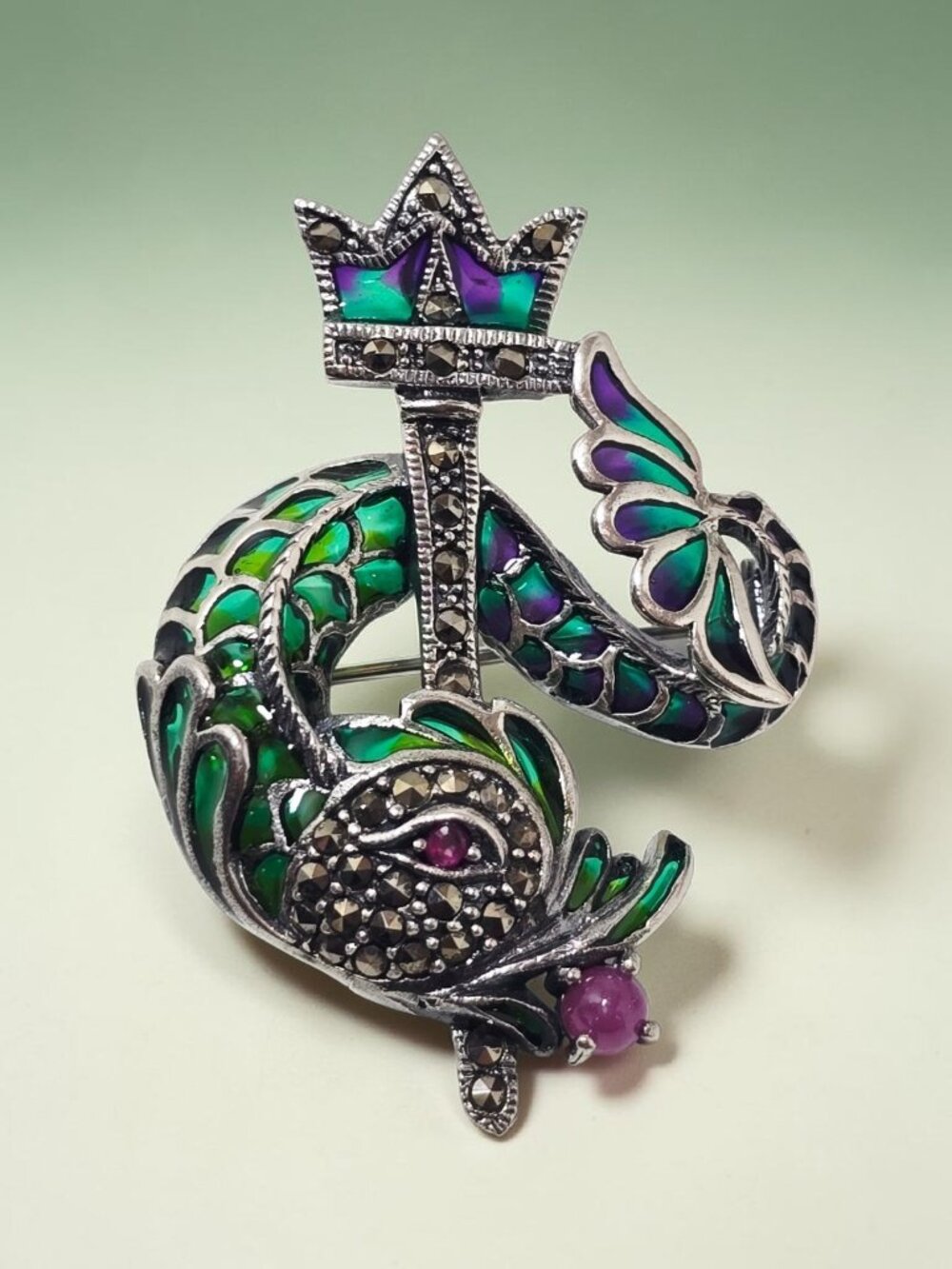 925 Brooch  Pendant Plique-à-Jour Enamel DRAGON Marcasite and Ruby Eyes